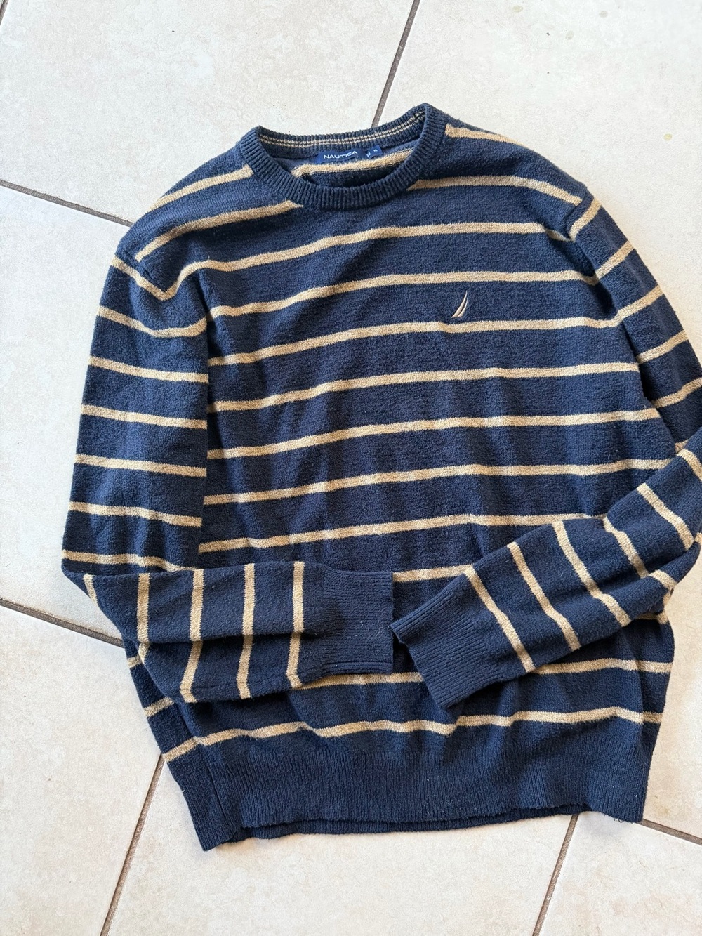 Nautica Navy & Tan Striped Lightweight
Crewneck Knit Sweater